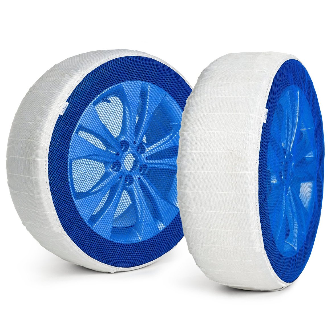 Pair of SnowGecko XL textile snow chains installed on two wheels in front of white background showing product frontside 