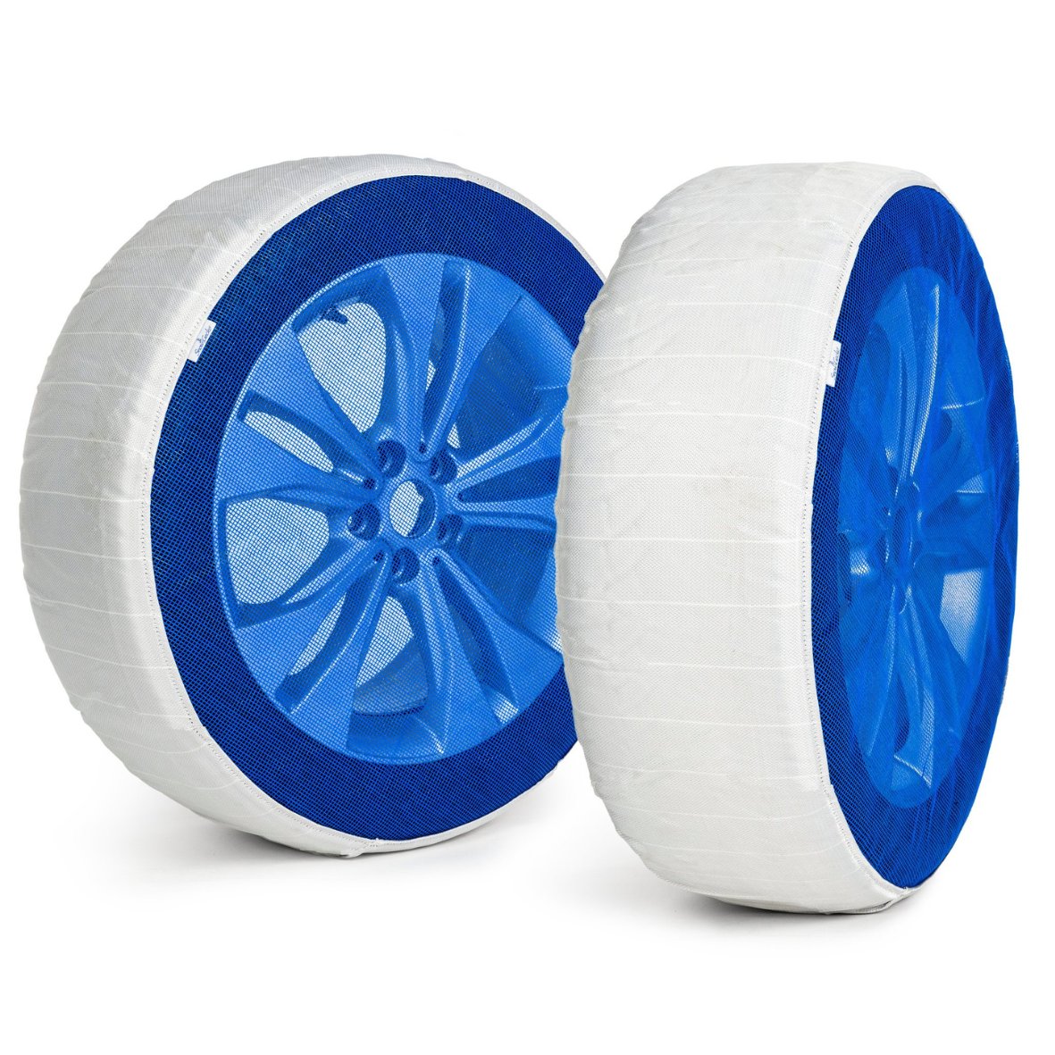 Pair of SnowGecko M Medium textile snow chains installed on two wheels in front of white background showing product frontside 