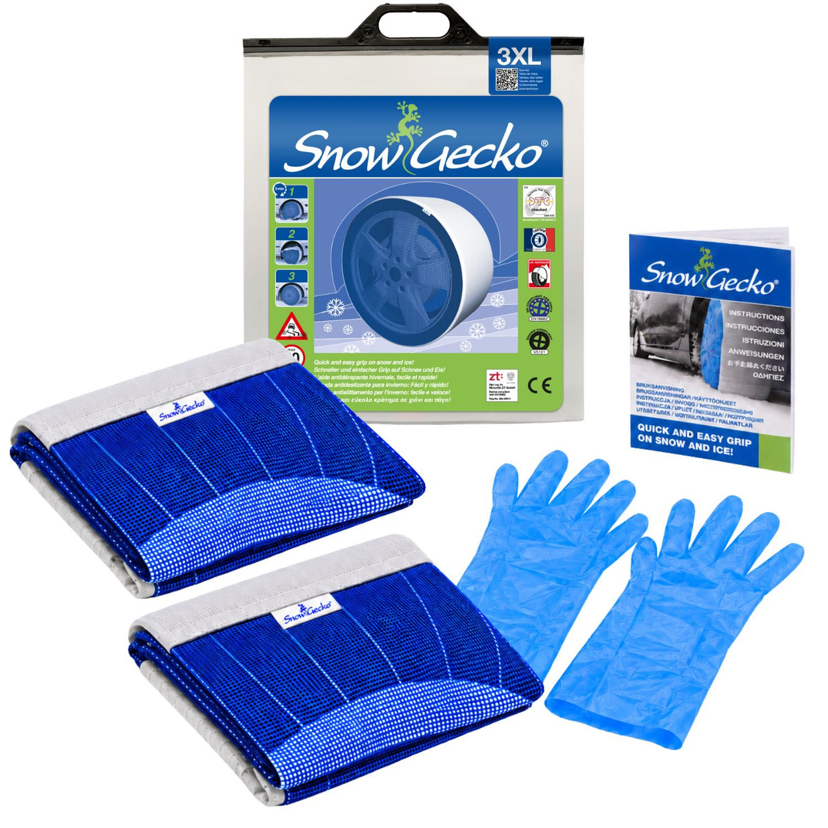 SnowGecko model 3XL includes two snow socks, a pair of gloves, an instruction manual and the product packaging
