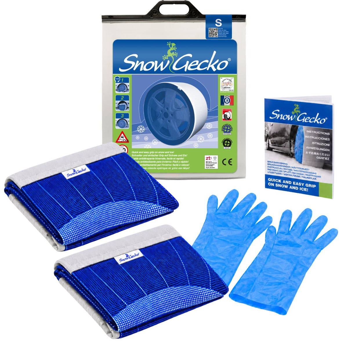SnowGecko model S includes two snow socks, a pair of gloves, an instruction manual and the product packaging