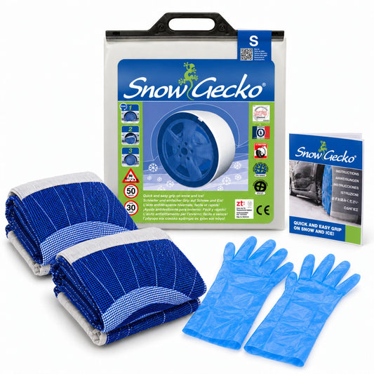 SnowGecko model S includes two snow socks, a pair of gloves, an instruction manual and the product packaging