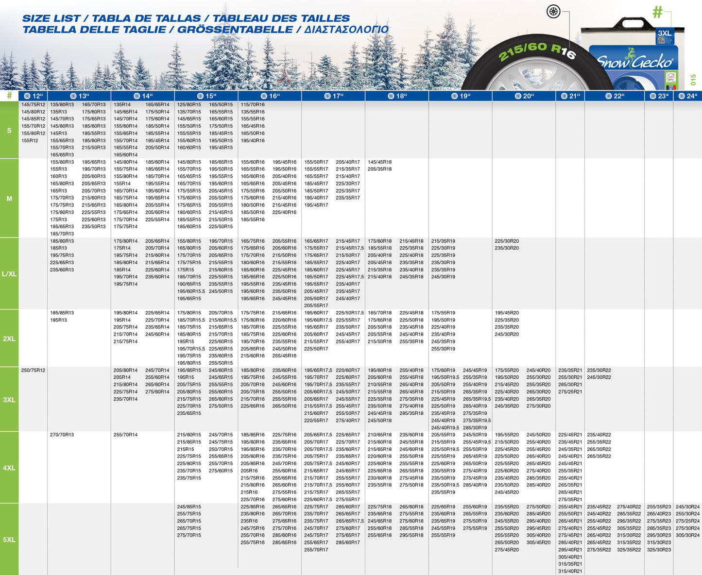 SnowGecko snow chains Size chart with all modelsSnowGecko snow chains Size chart with all models