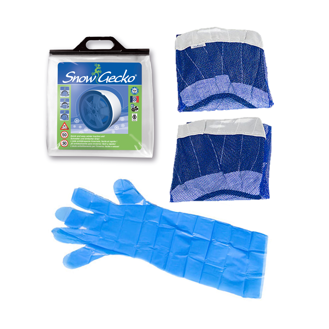 Product packaging content for SnowGecko products contains two SnowGecko tire socks and a pair of gloves 